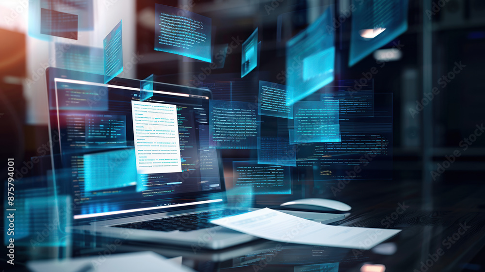 Obraz premium Futuristic Workspace with Code on Screens and Digital Documents, High-Tech Office Environment for Software Development and Data Analysis.