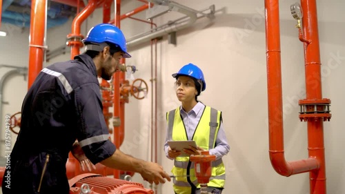 Side view of engineer or technician worker discuss about red pipe and machine system in the construction site to maintenence and fix the problem together.	
