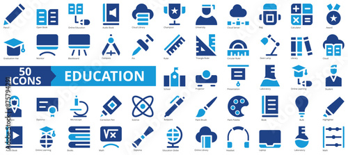 Education icon collection set. Containing pencil, open book, online, audio, cloud library, champion, university icon. Simple flat vector.