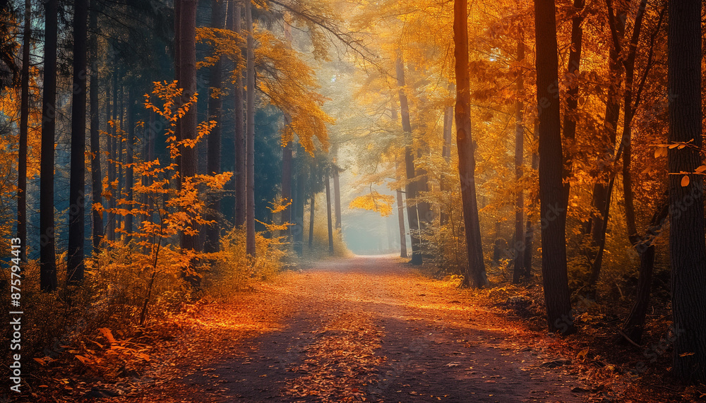 Pathway through a forest in autumn, with vibrant orange and yellow leaves covering the ground Pathway through a forest in autumn, with vibrant orange and yellow leaves covering the ground