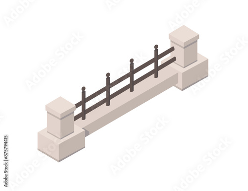 Concrete fence with sturdy posts and steel railing. Simple isometric design vector illustration isolated on white background