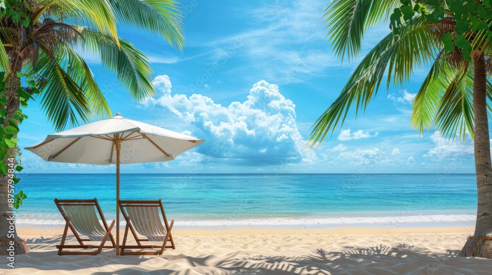Relaxing Tropical Beach Scene with Palm Trees and Lounge Chairs Relaxing Tropical Beach Scene with Palm Trees and Lounge Chairs