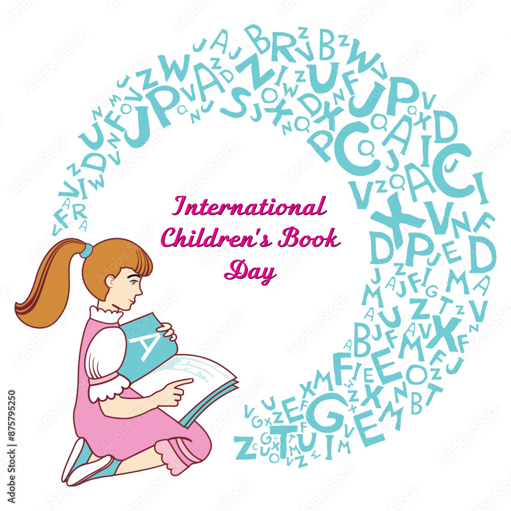 International Children's book day poster. April 2 calendar. Cute girl with book. Vector illustration. International Children's book day poster. April 2 calendar. Cute girl with book. Vector illustration.