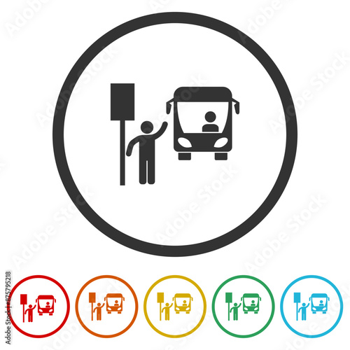 Bus station icon. Set icons in color circle buttons