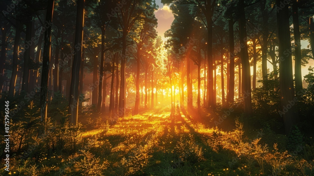 Fototapeta premium Glowing path through a dense magical forest with tall trees and bright sunlight