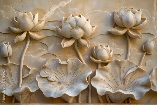 The Lotus stucco relief depicts an elaborate bloom emerging from muddy waters, with large round leaves evoking purity
