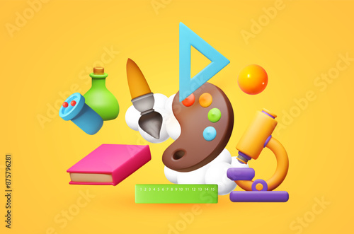 Education concept. Learning design with book, chemistry flasks, painting palette and microscope.
