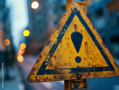 bright yellow triangular warning sign with a black exclamation mark, universally recognized to indicate potential danger or caution. photo