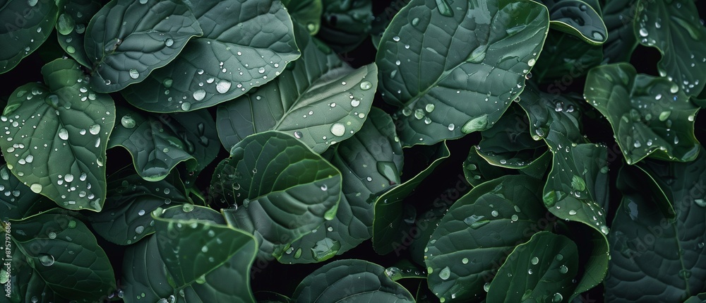 Fototapeta premium Dark green leaves glistening with water droplets, The leaves are densely packed, creating a lush, textured surface. The water droplets vary in size.