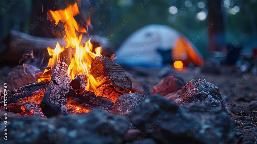 Glowing orange campfire embers and flames in the wilderness with a tent in the background Glowing orange campfire embers and flames in the wilderness with a tent in the background