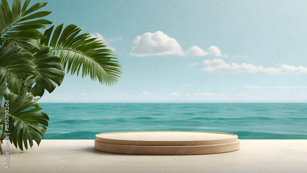Empty podium with beach, palm trees, and sea. Product presentation mockup, tropical, ocean, beach, summer theme, seascape, paradise theme. Empty podium with beach, palm trees, and sea. Product presentation mockup, tropical, ocean, beach, summer theme, seascape, paradise theme.
