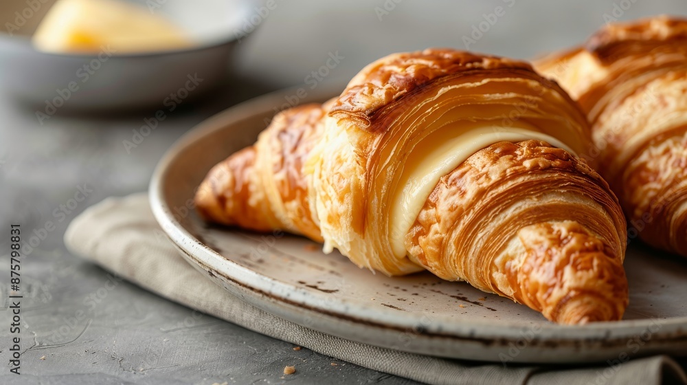 A closeup of a croissant on a plate with butter on the side A closeup of a croissant on a plate with butter on the side