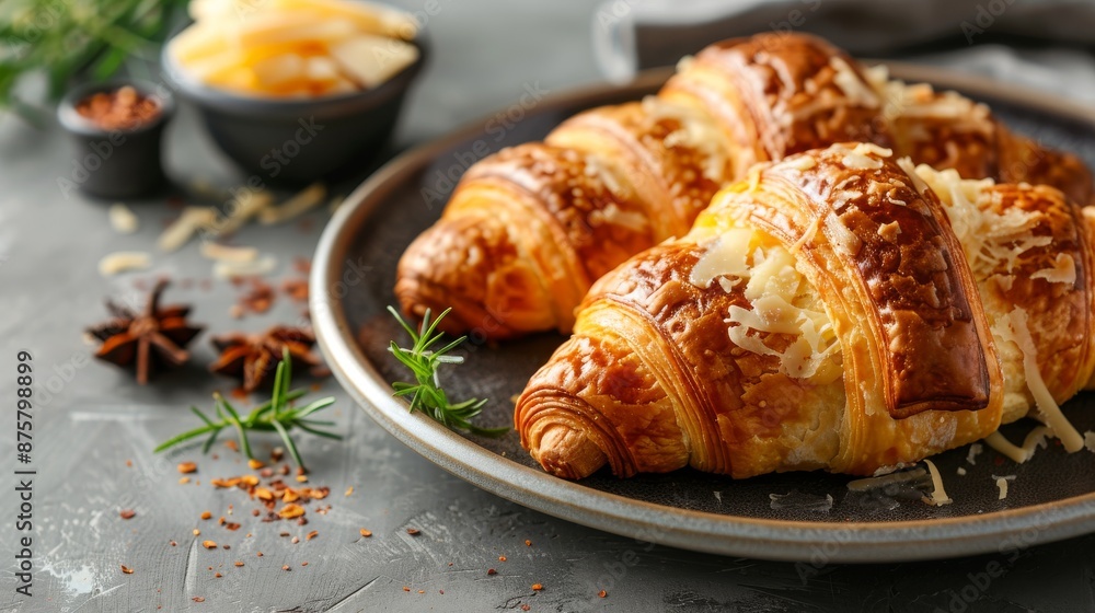 Scrumptious cheesy croissants on a plate with spices Scrumptious cheesy croissants on a plate with spices