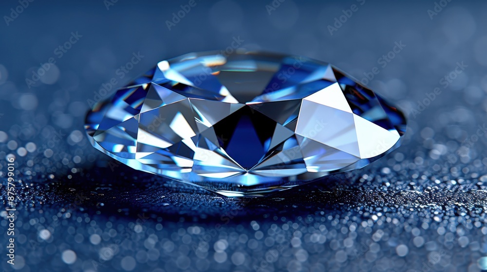 Close-up of a brilliant cut diamond on a sparkling blue surface Close-up of a brilliant cut diamond on a sparkling blue surface