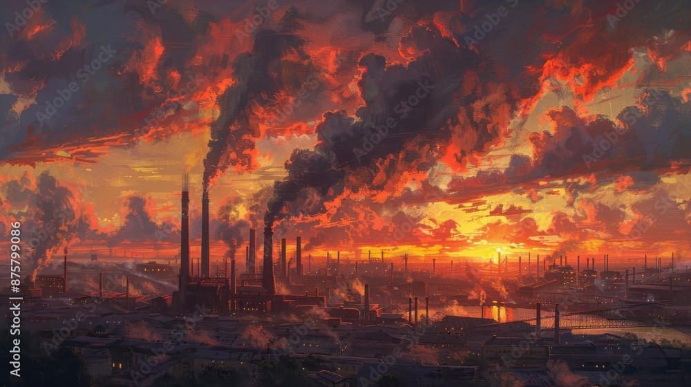 Sunset over an Industrial Cityscape with Billowing Smoke and Glowing Orange Sky