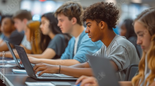 large group of high school students taking a test on laptops © ProArt Studios