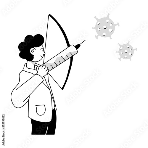 A man killing virus with arrows, doodle mini illustration

