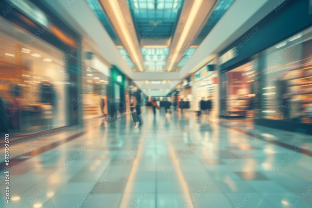 Abstract image of shoppers walking through a spacious, modern mall with blurred motion. Bright lighting and colorful storefronts enhance the vibrant retail environment Abstract image of shoppers walking through a spacious, modern mall with blurred motion. Bright lighting and colorful storefronts enhance the vibrant retail environment