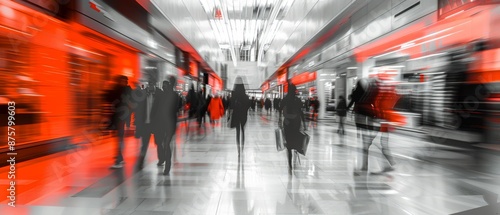 Wallpaper Mural Abstract image of a busy shopping mall with blurred shoppers. Red highlights add a dynamic touch to the modern retail environment Torontodigital.ca