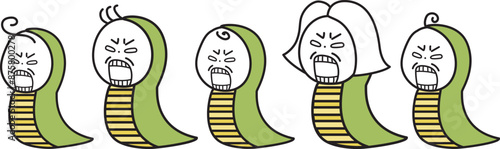 ヘビの着ぐるみを着て歯をむき出して怒る人々のイラストセット