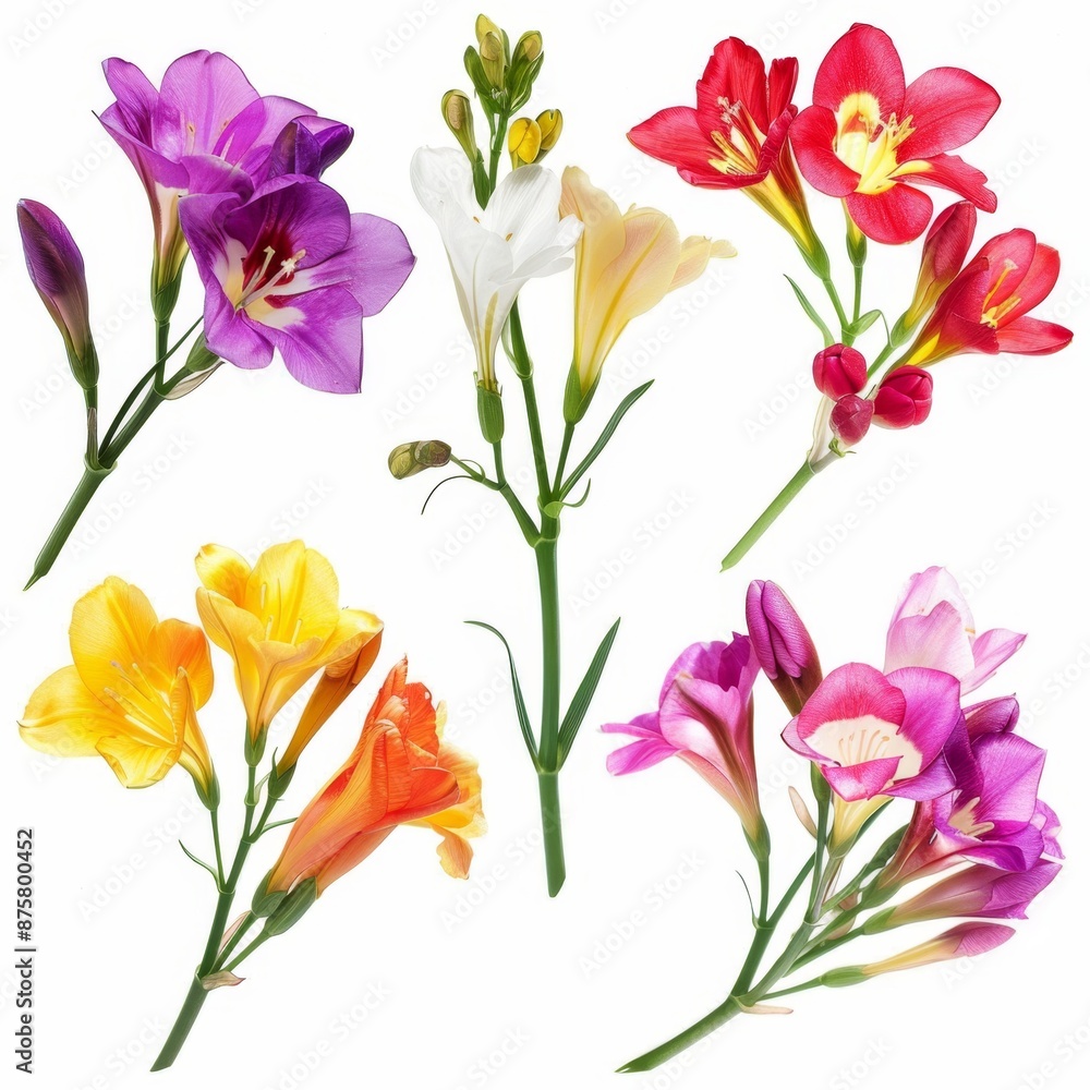 Color freesia flowers isolated, freesia buds set, blossoms collection on white background