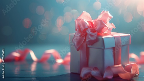 Pink ribbon wrapped present box on blue wooden table with blurred lights background photo