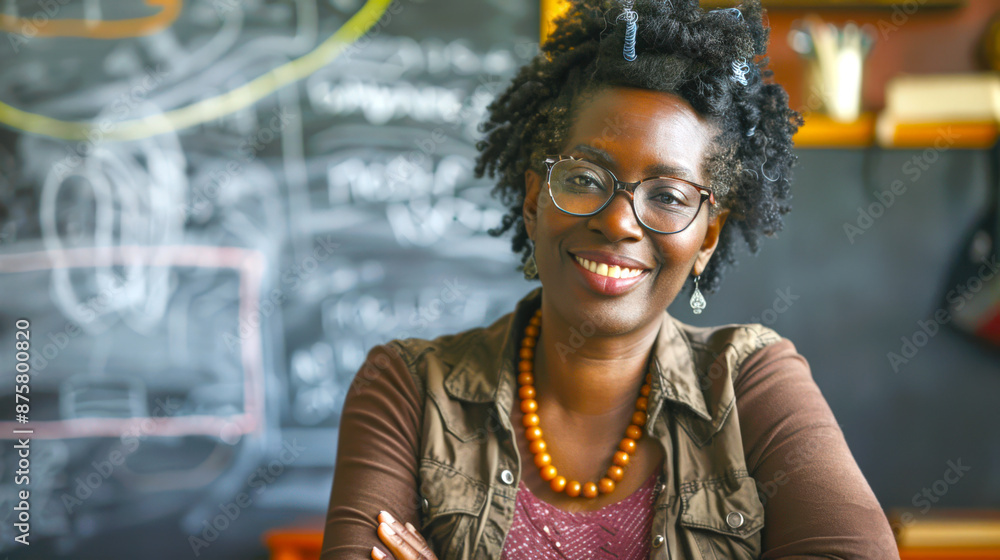 A happy black woman with glasses and a necklace smiles at the camera. Teacher's Day. She stands in front of the blackboard at school A happy black woman with glasses and a necklace smiles at the camera. Teacher's Day. She stands in front of the blackboard at school