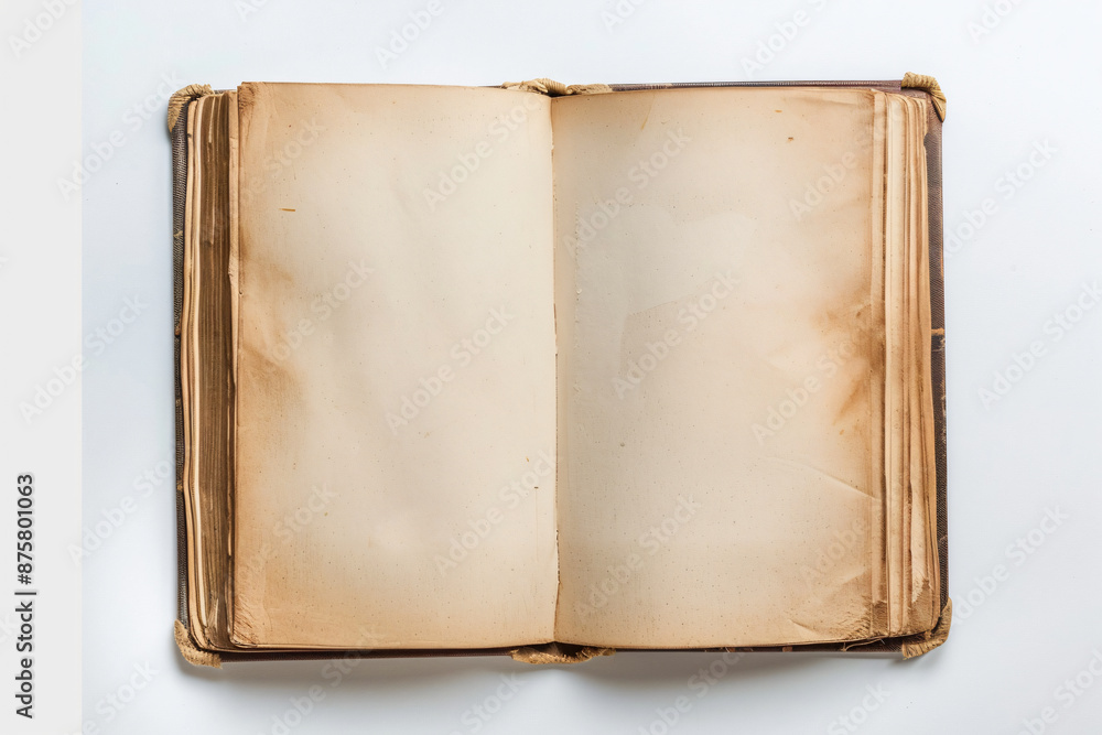 Fototapeta premium open blank book on white background, top view, mockup style, white space for text, copy of stock photo, high resolution, high quality, high detail, professional photography