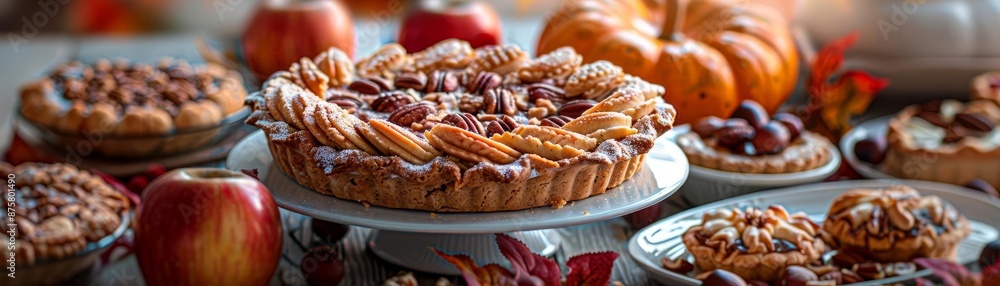 A detailed shot of a Thanksgiving dessert spread, featuring pumpkin pie, apple crisp, and pecan tarts, beautifully arranged on a table with autumn colors, high detail A detailed shot of a Thanksgiving dessert spread, featuring pumpkin pie, apple crisp, and pecan tarts, beautifully arranged on a table with autumn colors, high detail