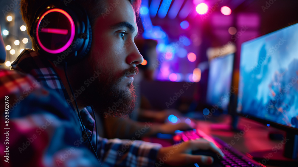 Close-up to a professional PC gamer playing games at home in his room with rgb lights. Close-up to a professional PC gamer playing games at home in his room with rgb lights.