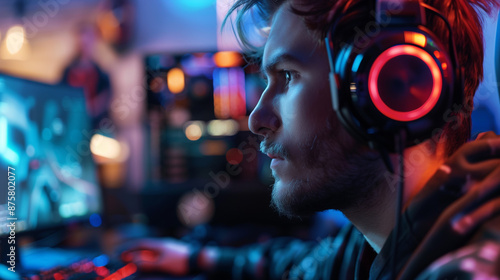 Close-up to a professional PC gamer playing games at home in his room with rgb lights.