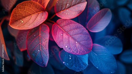 Glowing Leaves with Rainbow Veins and Water Droplets