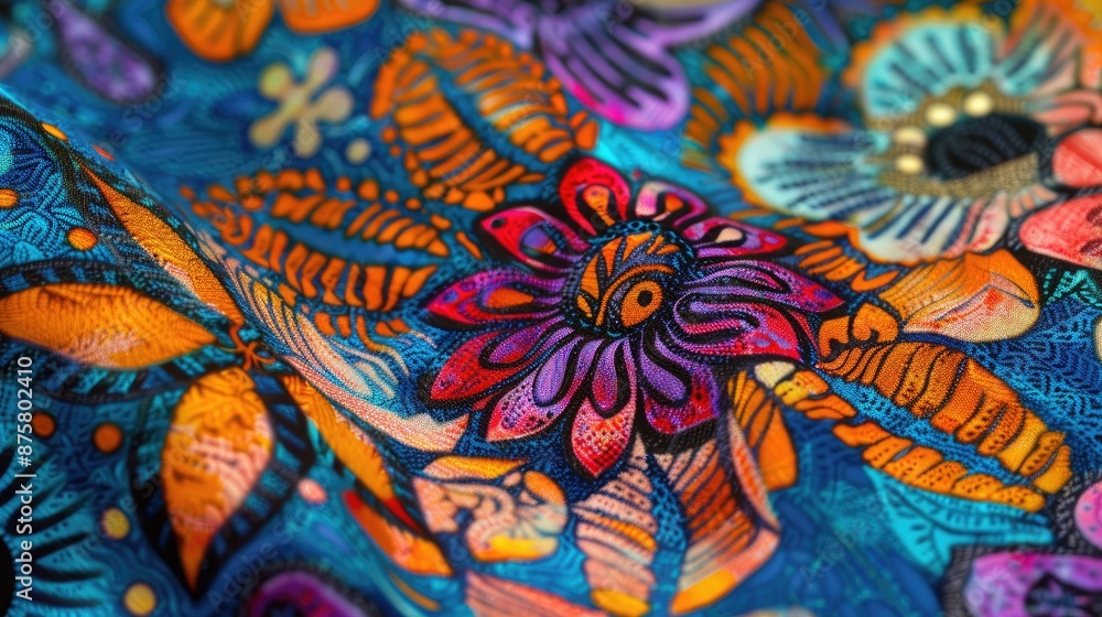 Close-up of a cotton fabric with a vibrant batik print, showcasing intricate wax-resist dye patterns. Close-up of a cotton fabric with a vibrant batik print, showcasing intricate wax-resist dye patterns.