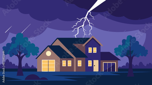  Vector illustration of a lightning storm over a suburban house
