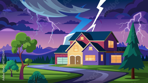  Vector illustration of a lightning storm over a suburban house
