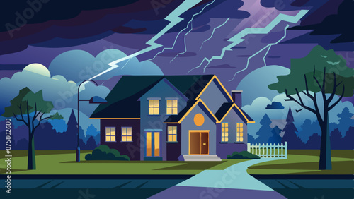  Vector illustration of a lightning storm over a suburban house
