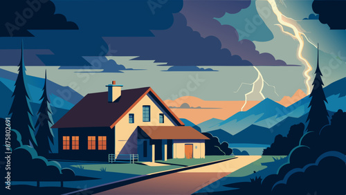  Vector illustration of a lightning storm over a suburban house
