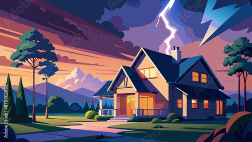  Vector illustration of a lightning storm over a suburban house
