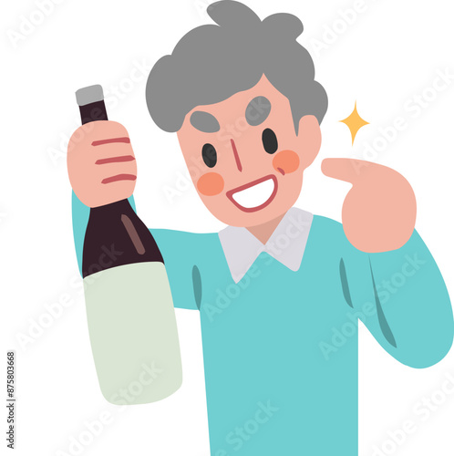片手に一升瓶・日本酒を持ち、指さすシニア男性のイラスト