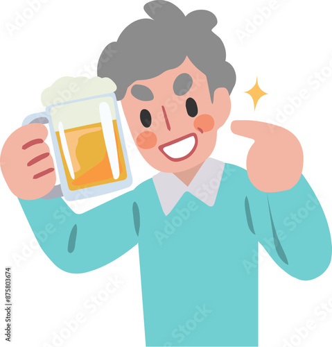 片手にビールを持ち、指さすシニア男性のイラスト