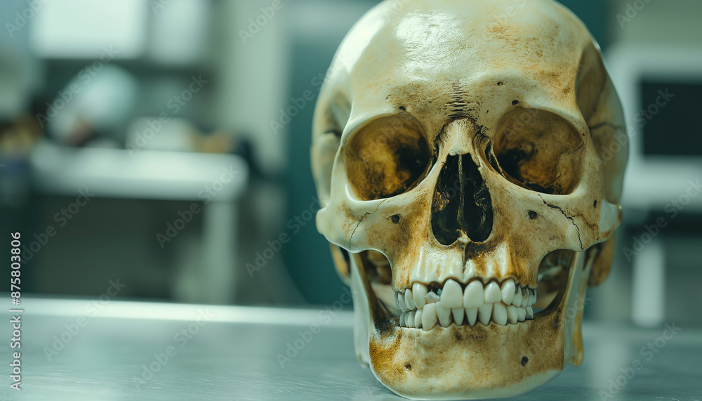 Human skull on a medical table in a lab setting, highlighting its anatomical details Human skull on a medical table in a lab setting, highlighting its anatomical details