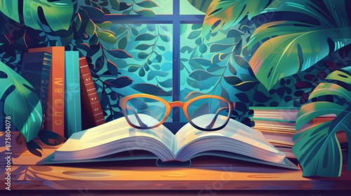 Open book and glasses on it