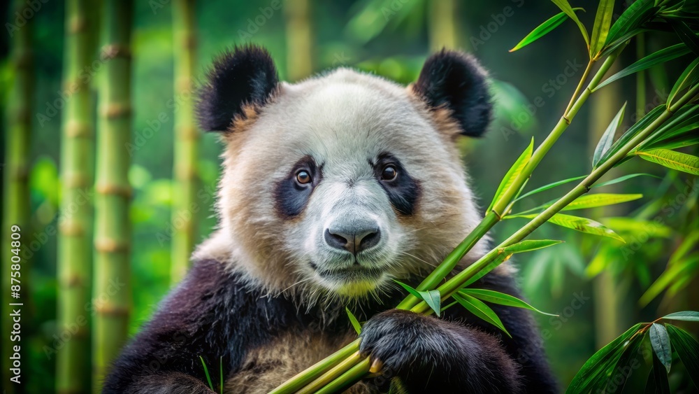 Fototapeta Adorable giant panda indulges in fresh green bamboo stalks in serene natural habitat with soft focus forest background.