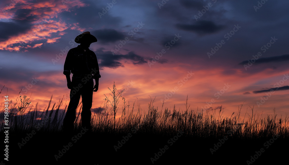 Fototapeta premium Silhouette of a man wearing a hat standing in a field at sunset with a dramatic sky