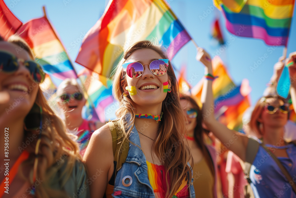 A group of people at an outdoor festival celebrated pride month with rainbow flags and smiles on their faces A group of people at an outdoor festival celebrated pride month with rainbow flags and smiles on their faces
