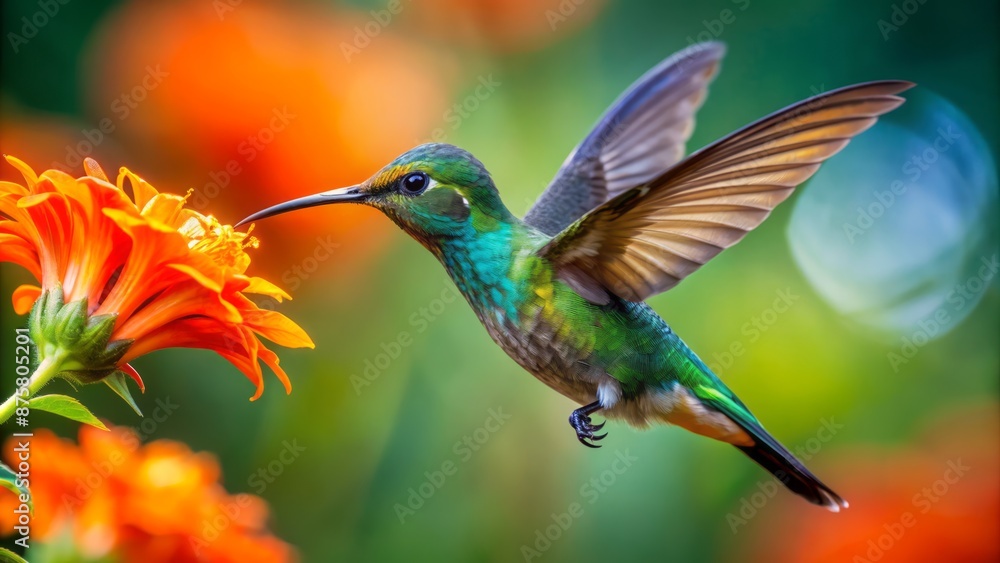 Vibrant iridescent hummingbird hovers in perfect focus amidst blurred emerald surroundings, sipping nectar from radiant orange flower in mid-air suspensions. Vibrant iridescent hummingbird hovers in perfect focus amidst blurred emerald surroundings, sipping nectar from radiant orange flower in mid-air suspensions.