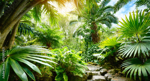 beautiful tropical vegetation garden with palm leaves, lush foliage in a green wild jungle. Generative AI.