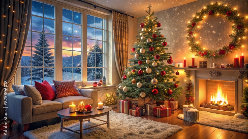 Obraz premium Snow-covered Christmas tree with gifts and twinkling lights stands alone in a silent, misty winter wonderland forest scene.