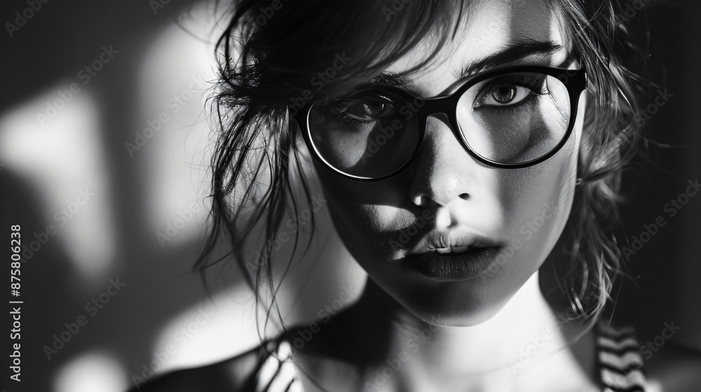 Portrait of a young woman with glasses and bangs looking at the camera against a gray background in a closeup black and white photo with detailed style.
Portrait of a young woman with glasses and bangs looking at the camera against a gray background in a closeup black and white photo with detailed style.