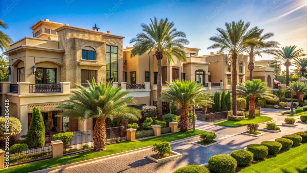 Modern Arab Saudi villas with ornate facades and lush gardens in upscale Al Yasamine neighborhood north of Riyadh city. Modern Arab Saudi villas with ornate facades and lush gardens in upscale Al Yasamine neighborhood north of Riyadh city.